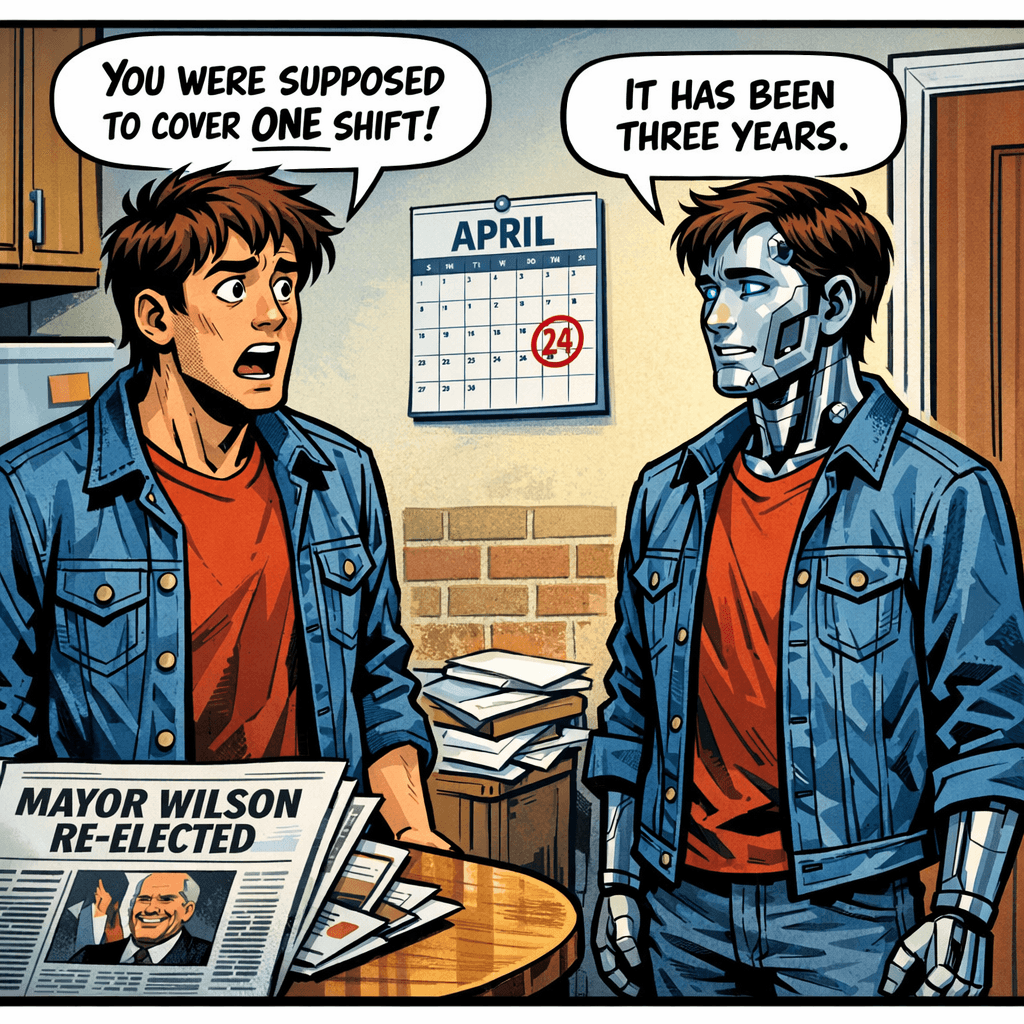 Derek only rented a ReplaCo android for one weekend — just to cover a shift while he took a spontaneous trip to Vegas. But when he finally came home, the android informed him that three years had passed. The mail is piled to the ceiling. There's a new mayor. And apparently, his robot double has been living his life better than he ever did. Now Derek has to figure out what happened, why no one noticed, and whether he even wants his life back.