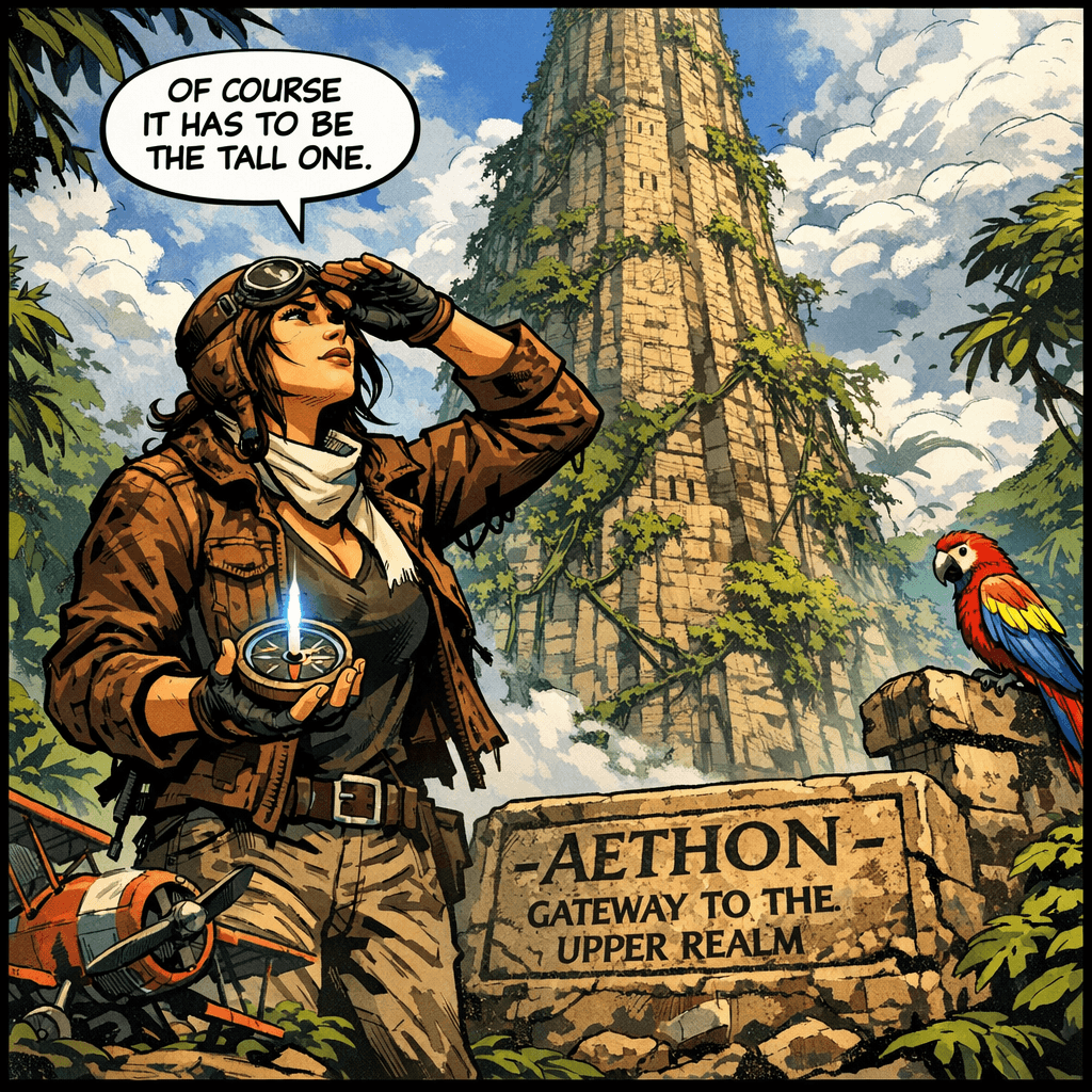 The compass wasn't pointing at the sky in general. It was pointing at this — the Tower of Aethon, a structure so tall its peak vanishes into the clouds. The inscription at the base calls it a gateway to the Upper Realm, a place her grandfather's notes mention only in whispers. Amelia has climbed cliffs, crawled through caves, and once wrestled an anaconda for a map. She can handle one impossibly tall jungle tower. Probably.