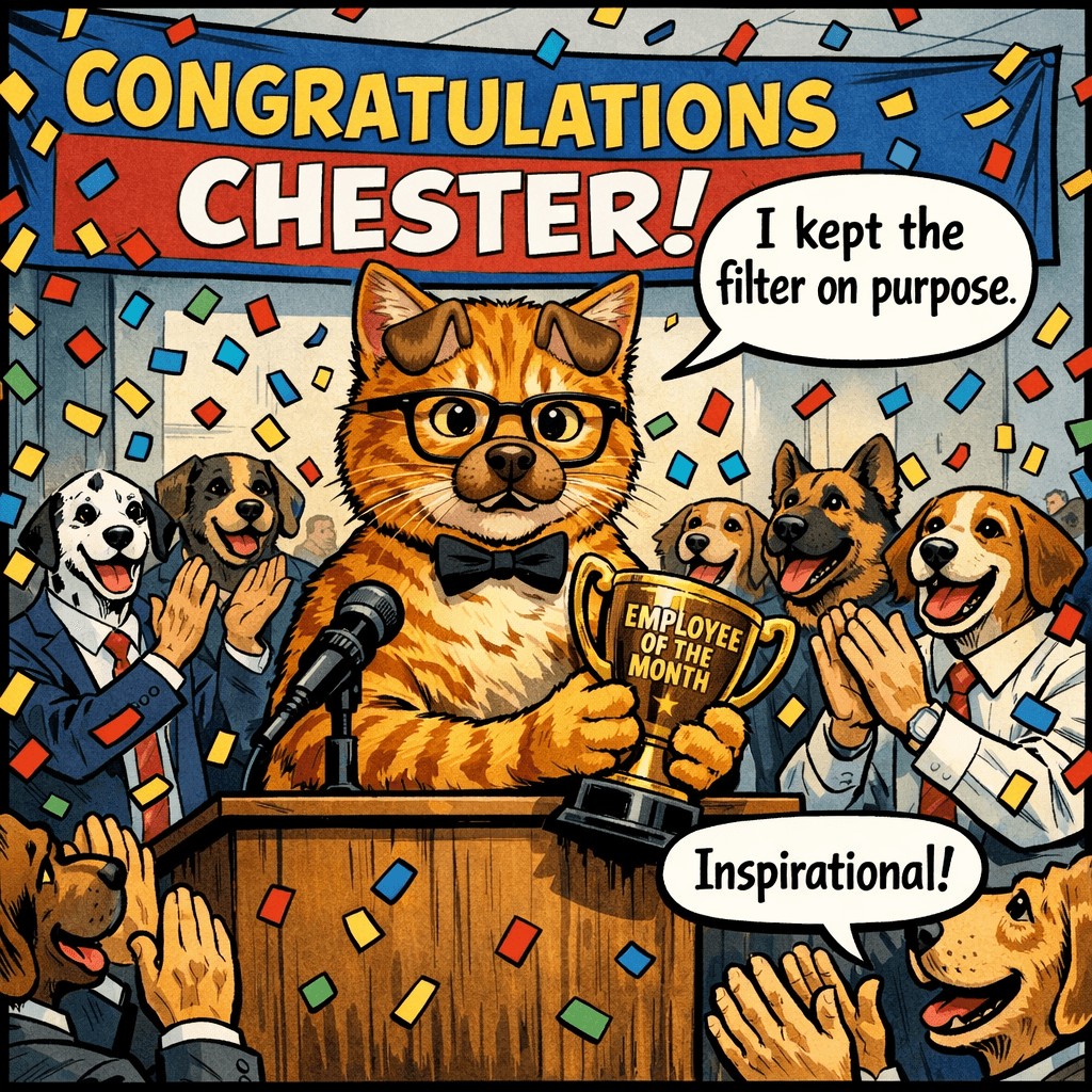 At the monthly all-hands meeting, Chester accepted the Employee of the Month trophy in front of the entire dog-dominated marketing department. He kept the filter on. They gave him a standing ovation. Later, in his acceptance speech, he claimed he had worn the dog filter as a bold statement about "transcending species boundaries in collaborative workspaces." HR sent a companywide email calling it visionary. Chester has no idea what is happening but he is not complaining.