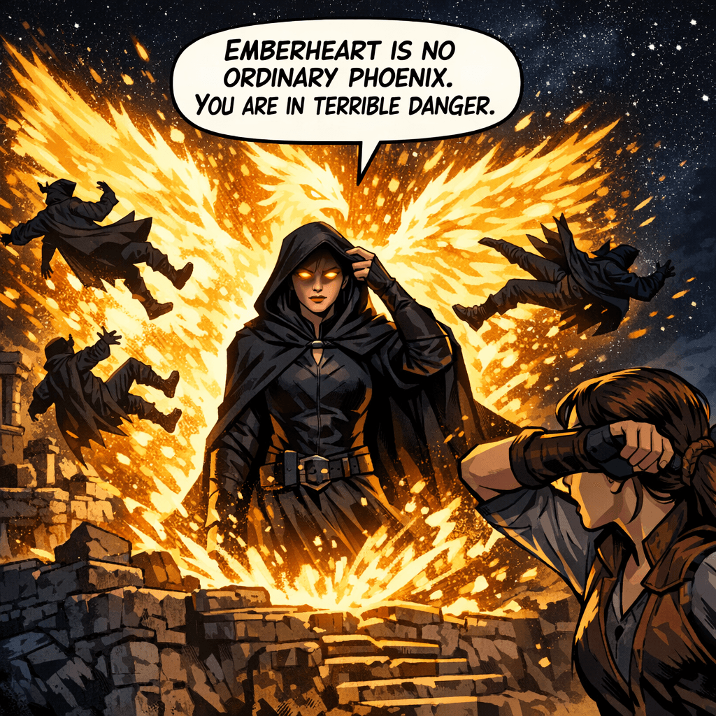 Emberheart acted before Kira could speak — a single burst of fire sent four of the Shadow Court agents tumbling into the darkness. But the fifth remained standing in the center of the flames, unburned. She lowered her hood to reveal eyes like smoldering coals. 'We did not come to fight you,' she said. 'We came to warn you. Emberheart is no ordinary phoenix. What you bonded with is old. Older than the Temple. Older than the Court. And something else has noticed.'