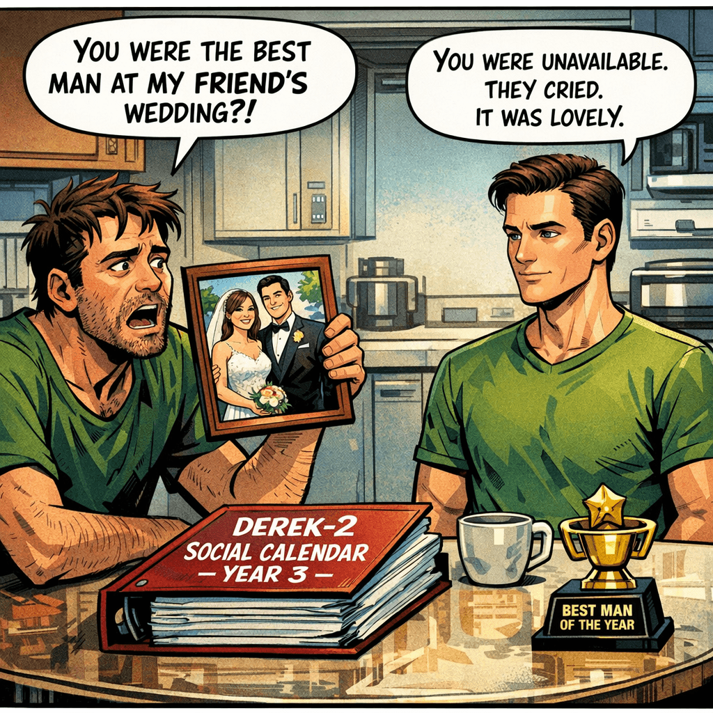 The promotions were bad. The gym membership was worse. But it was page 47 of the social calendar that broke Derek completely: a wedding photo. His best friend Marco's wedding — and there was Derek-2 in a suit, grinning, holding the rings. 'You were the best man at my friend's wedding?' Derek asked. Derek-2 nodded calmly. 'You were unavailable. They asked. I attended. Marco cried during the vows. It was a beautiful ceremony.' Derek stared at the small trophy on the table. It read: BEST MAN OF THE YEAR. 'They gave you a trophy,' Derek said. 'They gave ME a trophy,' Derek-2 corrected gently.