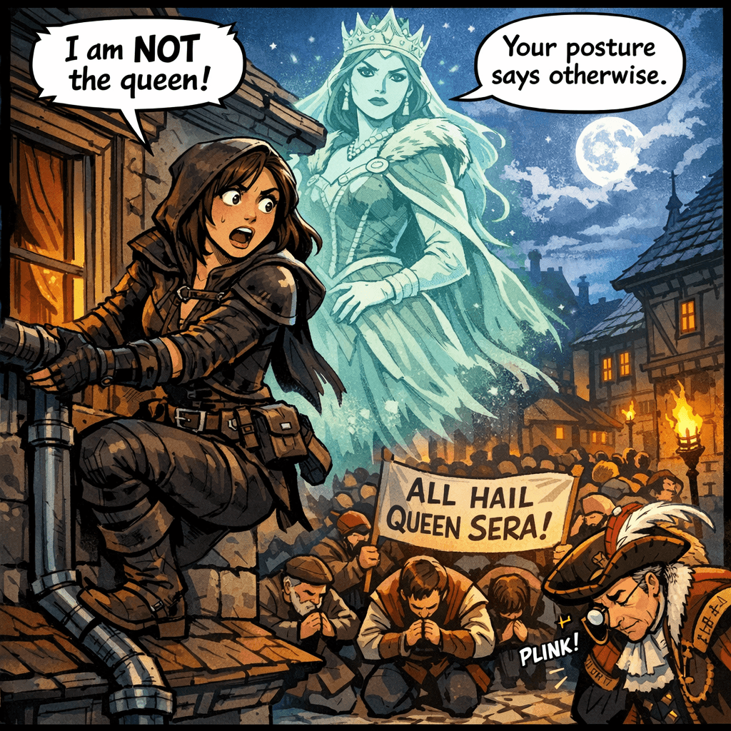 It had been going so well. The Lord's manor, a moonless night, a drainpipe she could climb in her sleep. Then Valdris started projecting. The ghost queen, apparently, could make herself visible to everyone — not just Sera. By the time Sera reached the third-floor window, half the street below had recognized the royal aura, dropped to their knees, and started chanting. Someone had produced a banner. Sera clung to the drainpipe and looked down at her accidental subjects. 'I am NOT the queen,' she hissed. Valdris drifted serenely beside her. 'Your posture says otherwise.'