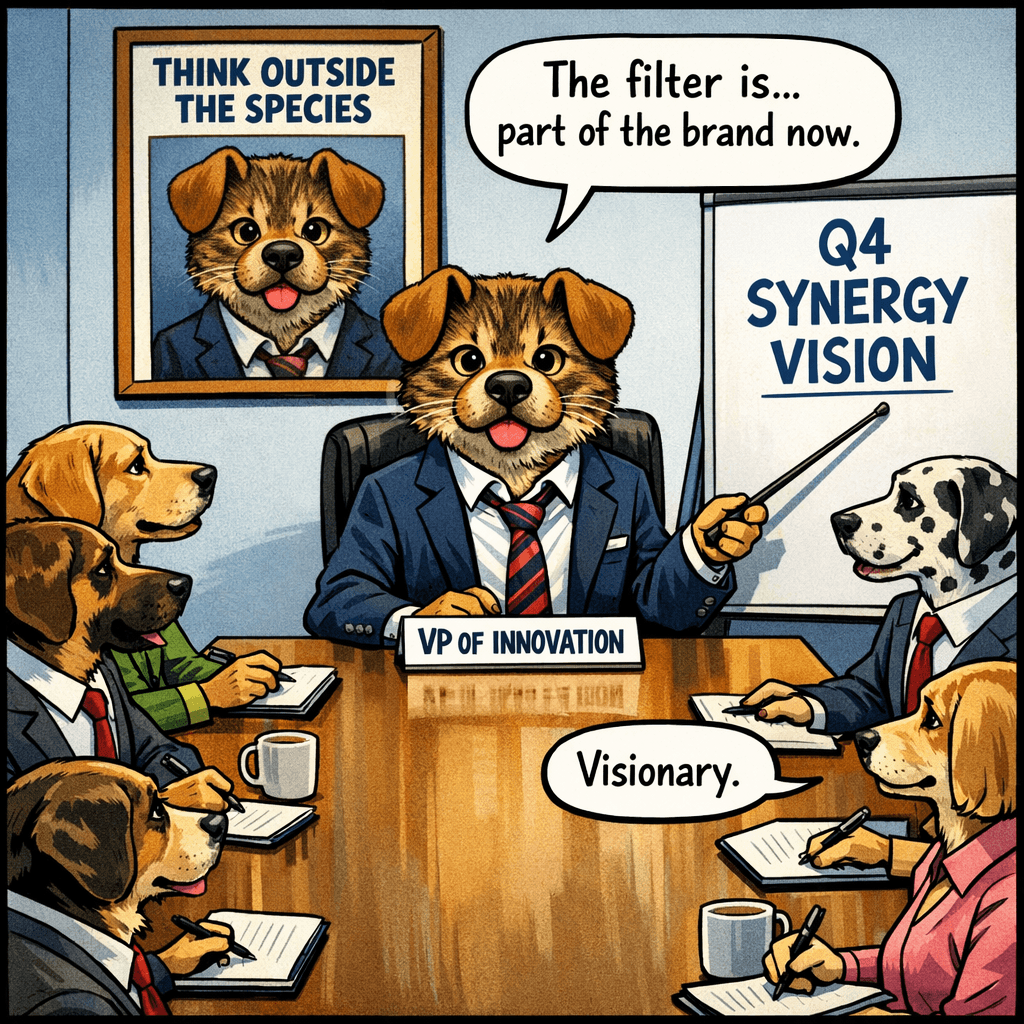 Three weeks after the trophy, Chester was promoted to VP of Innovation. The filter, HR explained in the announcement email, had 'demonstrated an unprecedented capacity for disrupting conventional identity paradigms.' Chester did not understand what that meant. He was pretty sure no one did. But his new office had a window, his name placard said VP OF INNOVATION, and there was a motivational poster of himself on the wall that read THINK OUTSIDE THE SPECIES. The filter was still on. Chester was beginning to think it might never come off. Honestly? The dental plan was excellent.