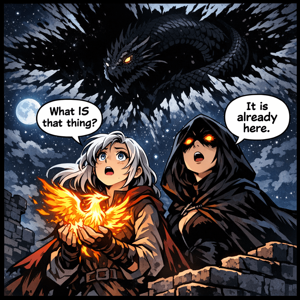 Above the clifftop ruins, the night sky splits open — and something vast, ancient, and utterly wrong begins to uncurl from the darkness. The phoenix blazes white-hot in Kira's hands, trembling. The Shadow Court woman doesn't run. Neither does Kira. Whatever warned them just arrived.