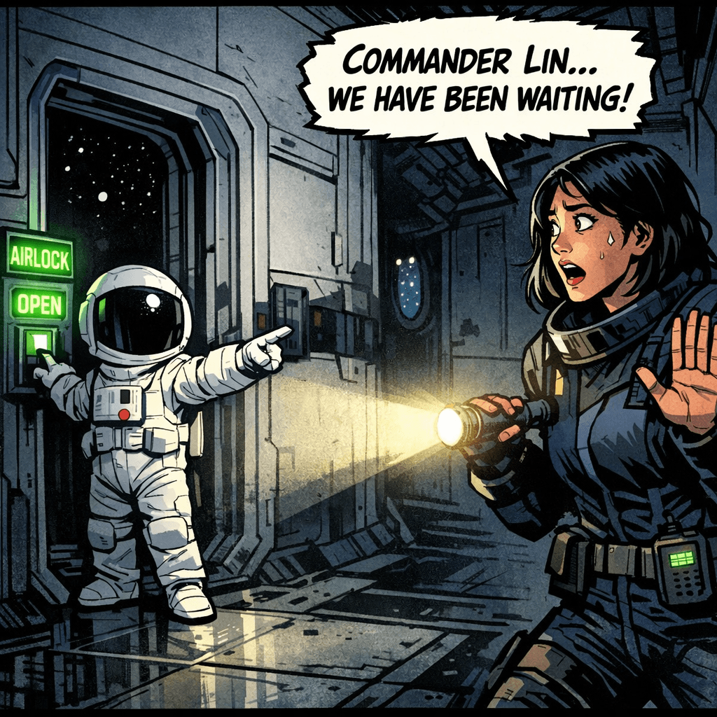 Sarah didn't move. Neither did it — for four seconds that felt like four hours. Then, without looking at her, the figure stood. It walked to the airlock. It pressed the activation panel with one small gloved hand. Green light. It raised its other arm and pointed — not at Sarah, not at the corridor, but at the airlock itself. An invitation. And then her belt radio, dead since she boarded, crackled for the first time. The voice was calm, flat, neither young nor old: 'Commander Lin. We have been waiting. Please proceed to the airlock.'