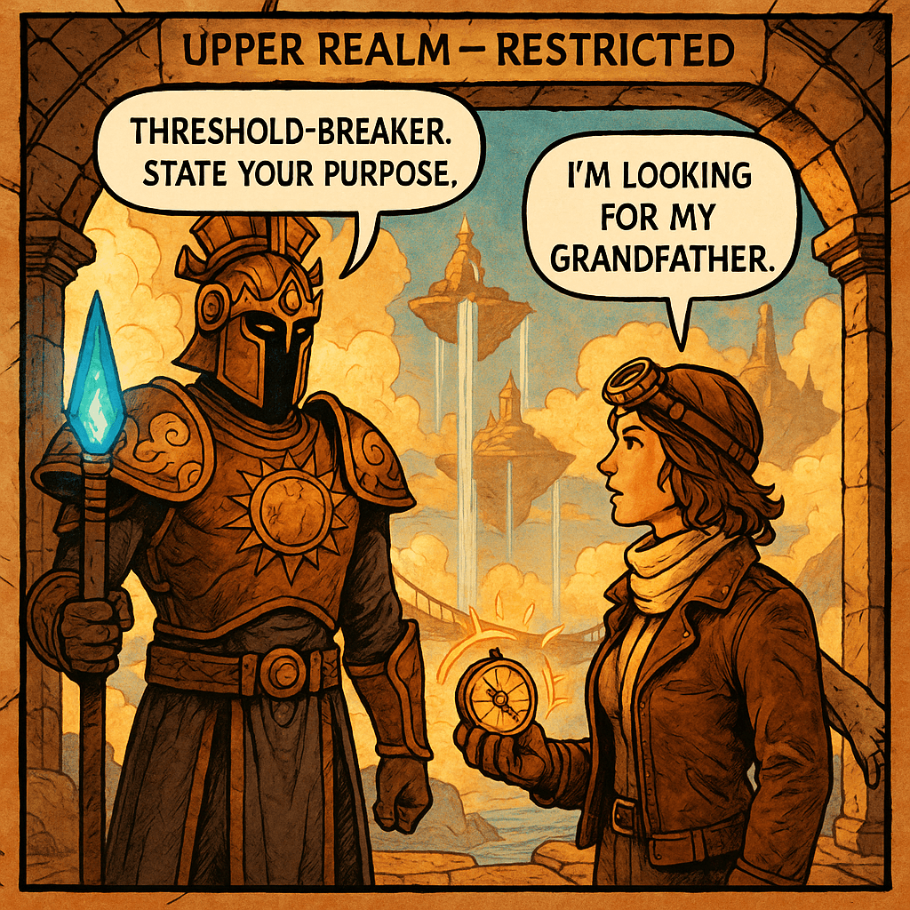 No outsider had crossed the threshold in three hundred years. The Sky-Keeper standing before Amelia hadn't moved since she stepped through — not to attack, not to speak, not to breathe. Then his bronze staff hummed. The compass in her hand stopped spinning. He wanted answers she barely had. But the one answer she hadn't expected to give — the one that made the Sky-Keeper's staff go dark — was her grandfather's name.