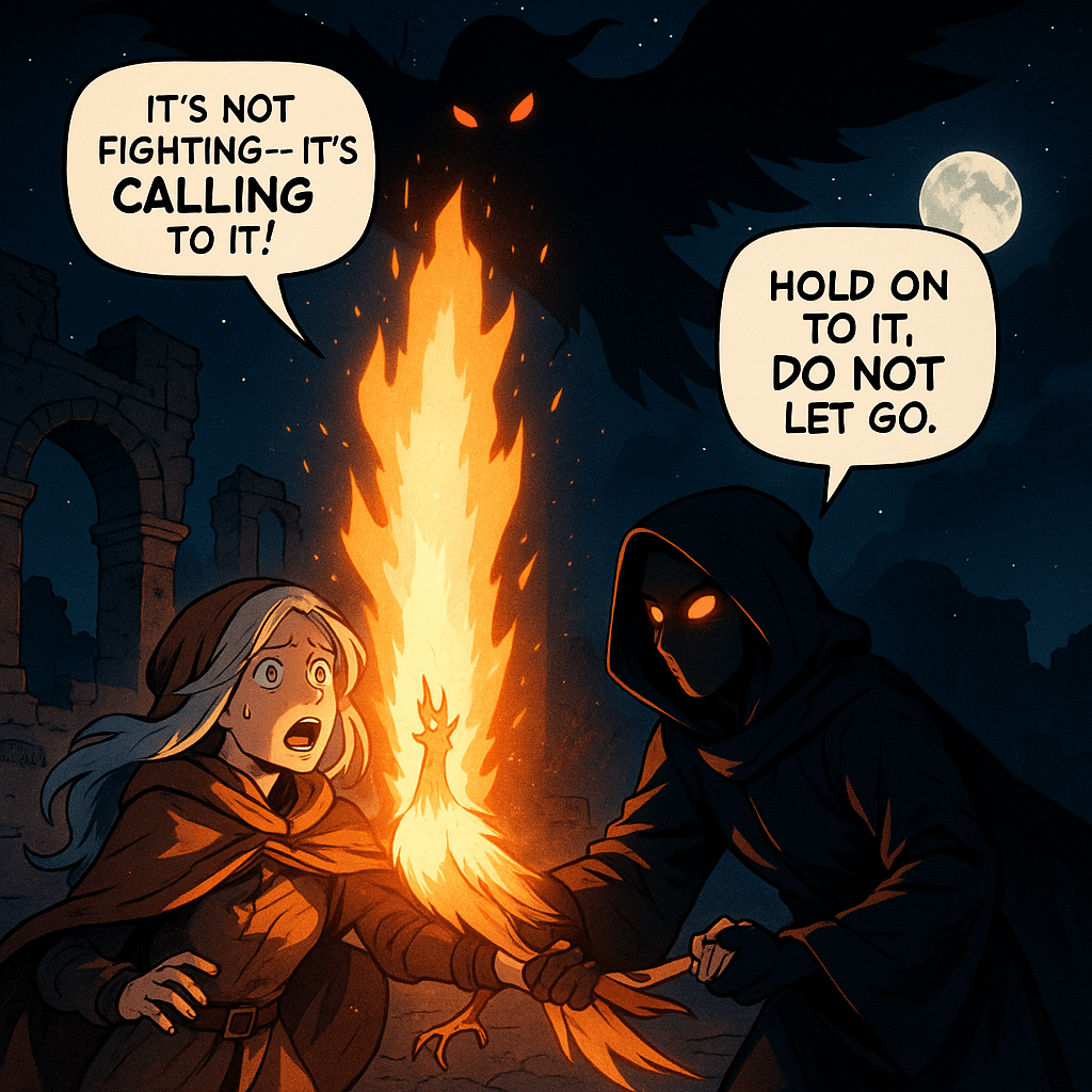 Emberheart didn't tremble at the thing in the sky. It screamed at it — a sound Kira felt in her teeth, in her bones, in the hollow behind her ribs she hadn't known was empty. The flame went white. Then it went beyond white, to a color she had no words for. The Shadow Court woman grabbed her arm. 'It recognizes the Void-caller,' she said. 'That means Emberheart remembers. And if it remembers — so does whatever is up there.'