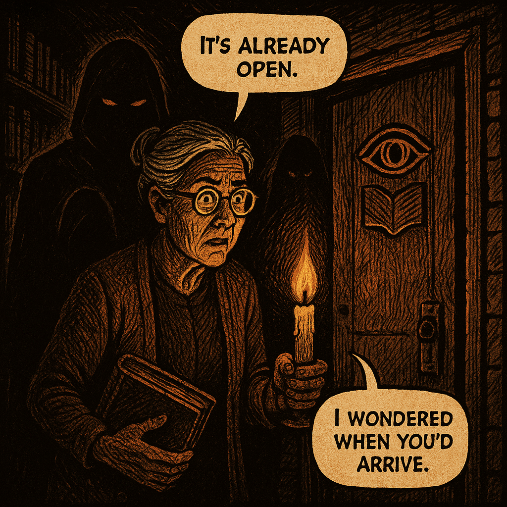 The stranger was gone before Margaret could ask another question — dissolved back into the archive's shadows as if they'd never been. She had a name she couldn't pronounce and an address that didn't exist in any city directory. But the ledger in her hands pulsed once, warm, and guided her feet without her permission. She found the door at the back of the restricted archive. It was already open. Candlelight spilled from within. Someone was expecting her.