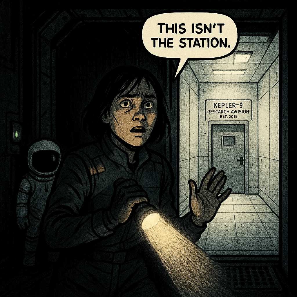 The airlock led nowhere that should exist. Sarah's flashlight went out the moment she crossed the threshold. The corridor on the other side was white and clean and absolutely silent — the kind of silence that means something is listening. The small figure stepped in behind her without a sound. The door at the end had a label she recognized: the same facility name as the accident report she'd been hired to investigate. The one that said there were no survivors. The one dated seven years ago.