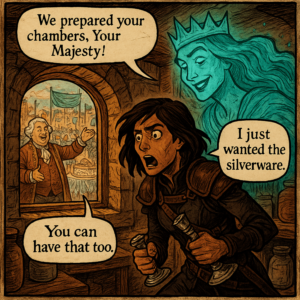 Sera made it as far as the pantry window. She had seventeen pieces of silverware, a candlestick, and a very solid plan that involved never looking back. Then she opened the window. Lord Ashford's entire household staff — forty-three people, she counted — stood in the courtyard in formal livery, arranged in two lines, waiting. Someone had baked a cake. Valdris drifted down beside her ear. 'The east wing,' she said pleasantly, 'has very good light in the mornings.'