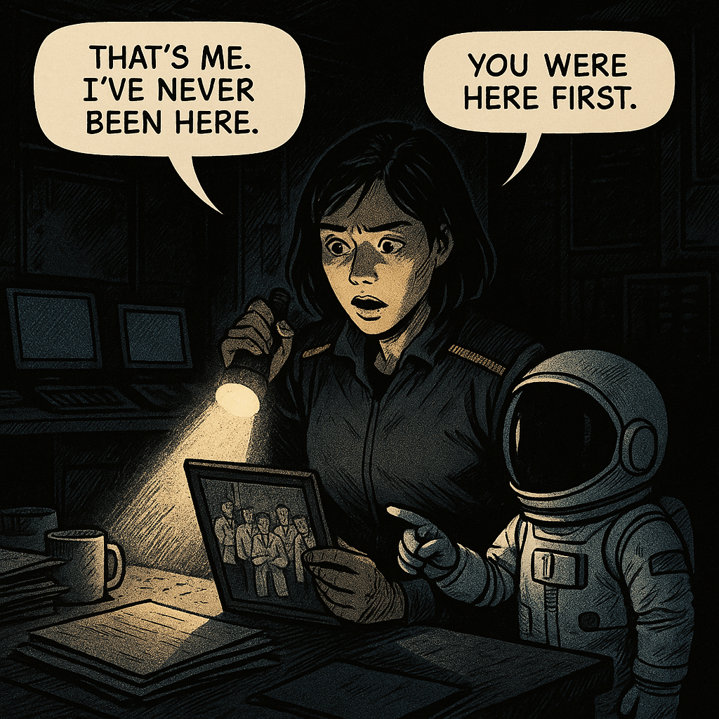 Sarah opened the door. The control room beyond smelled of recycled air and old coffee — seven years sealed, untouched. The screens were still on. The logs were still running. Someone had set this place to wait. She moved to the central desk. There was a mug, a stack of files, and a framed photograph. She recognized the lab. She recognized three of the faces. She did not recognize her own.