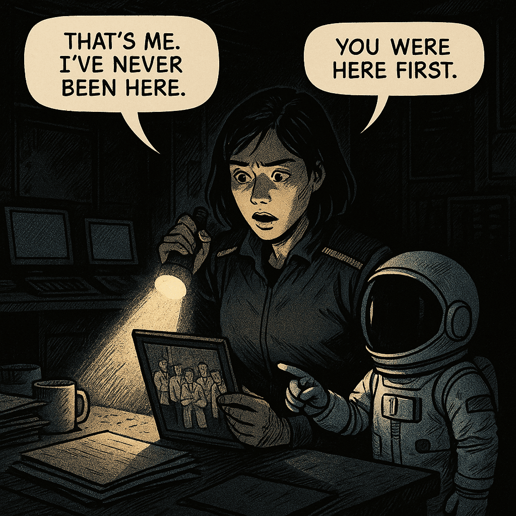 Sarah opened the door. The control room beyond smelled of recycled air and old coffee — seven years sealed, untouched. The screens were still on. The logs were still running. Someone had set this place to wait. She moved to the central desk. There was a mug, a stack of files, and a framed photograph. She recognized the lab. She recognized three of the faces. She did not recognize her own.