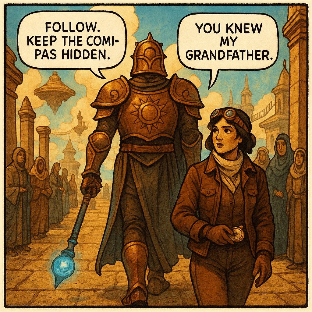 The Sky-Keeper's name was Adras. He'd stood at that gateway for forty years, and in forty years he had turned away three hundred and seven threshold-breakers. He'd never escorted one deeper into the city. He didn't explain why her grandfather's name changed things. He didn't explain the look the other Keepers exchanged. He just turned, said 'Follow,' and walked. The compass in Amelia's hand pointed straight ahead. She followed.