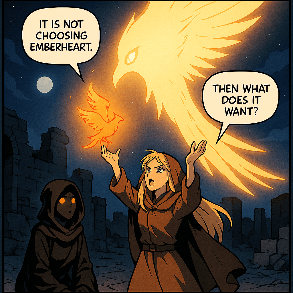 The entity had no mouth. But it spoke — not in sound, not in language, but in warmth. A warmth Kira had felt before: the same warmth as Emberheart's first flame, the same warmth as her grandmother's kitchen in winter, the same warmth as every fire she'd ever sat beside and felt less alone. The Shadow Court woman was still on her knees. 'It isn't choosing Emberheart,' she said. Her voice had lost every one of its edges. 'It's choosing you.'