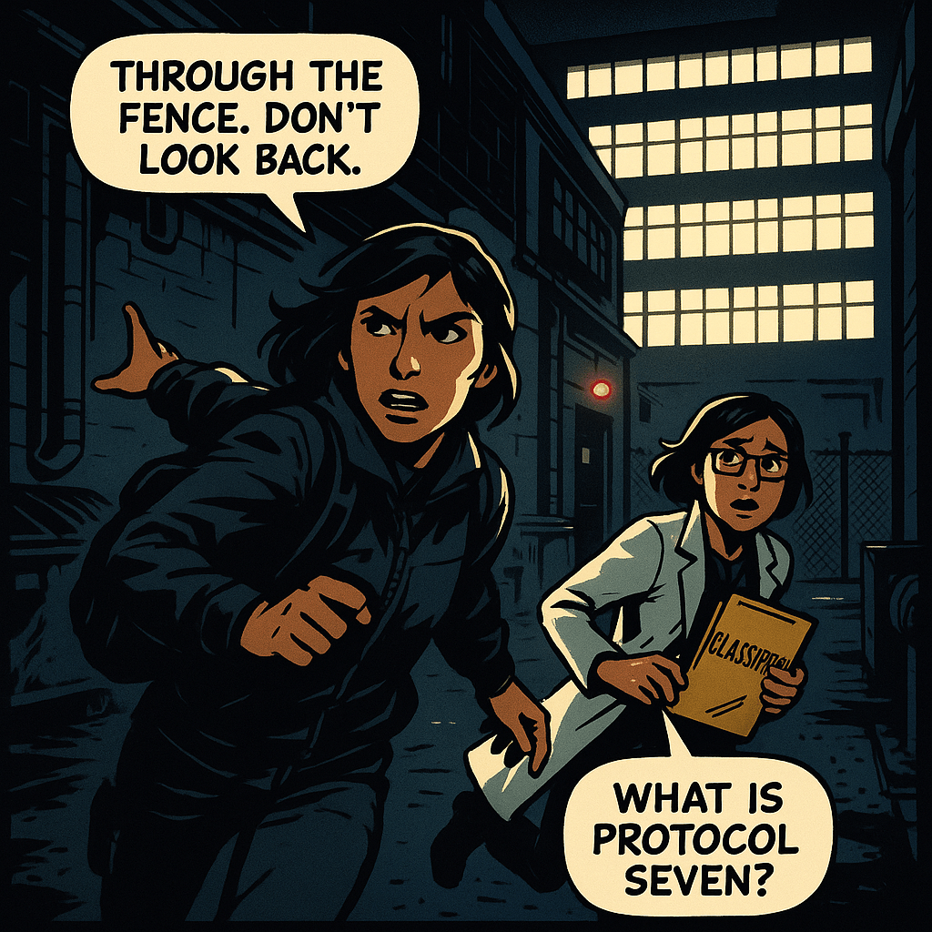 The door opened. Cold air hit Elena like a fist — she hadn't breathed unfiltered air in six months. They ran. The loading dock was dark. The fence at the far end had a gap Mara clearly already knew about. Behind them, Elena heard the building's external security lights come on one by one. All of them. Every floor. Protocol Seven wasn't a pursuit protocol. She understood that now. It was a containment one.