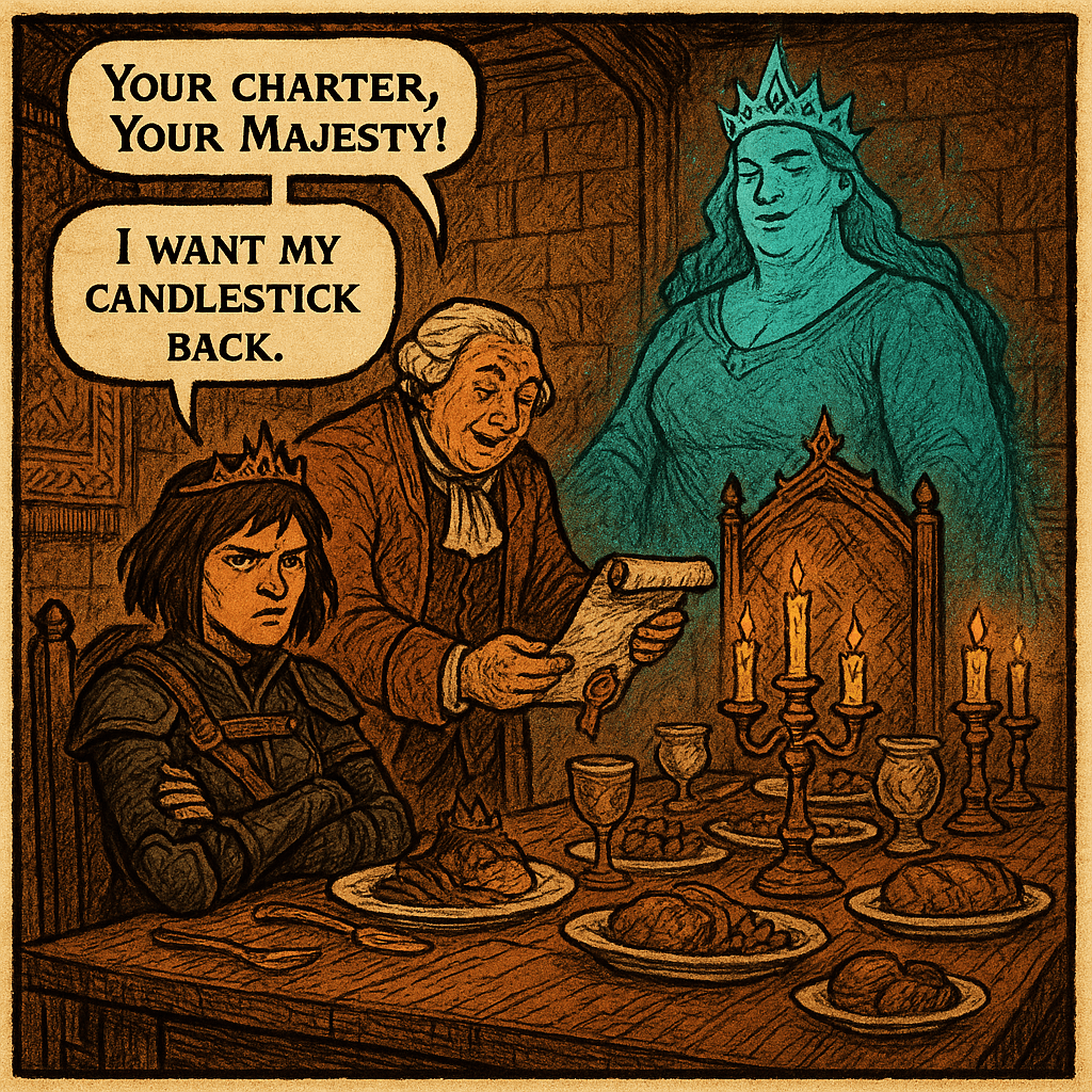 They had put a crown on her head during dinner. Sera wasn't sure when exactly it had happened — somewhere between the soup course and the announcement that a royal tailor had been summoned from the capital. The scroll the steward placed in front of her was sealed with red wax and addressed to 'Her Royal Majesty, Queen Sera of Ashford.' Valdris had signed it. Sera didn't know ghosts could hold quills. She was learning a lot of new things.