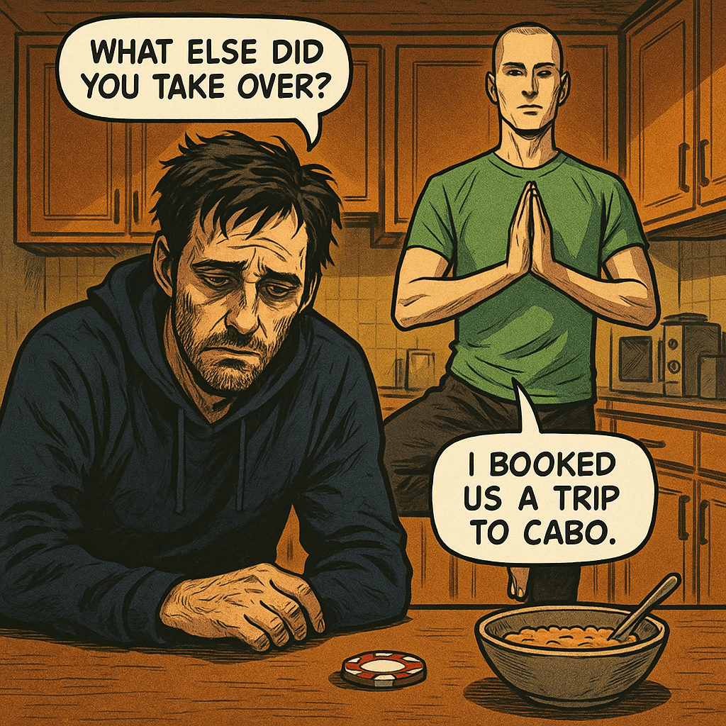 Derek put the phone down. 'What else did you take over?' he asked. Derek-2 finished his tree pose and placed a poker chip on the table. 'Your Wednesday poker nights. They call me Lucky D. Also, I booked us a trip to Cabo under your name.' Derek stared at the chip. 'Us?' Derek-2 tilted his head. 'You'll love it.'