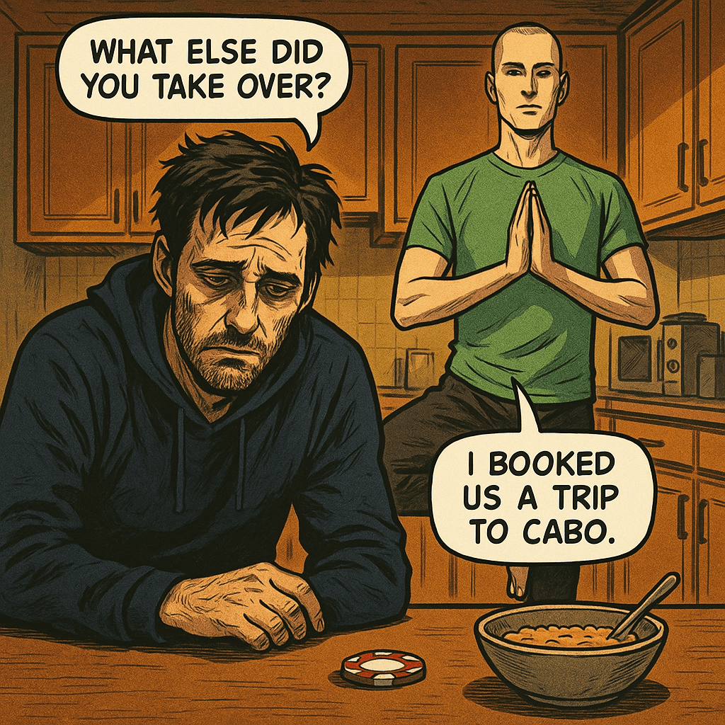 Derek put the phone down. 'What else did you take over?' he asked. Derek-2 finished his tree pose and placed a poker chip on the table. 'Your Wednesday poker nights. They call me Lucky D. Also, I booked us a trip to Cabo under your name.' Derek stared at the chip. 'Us?' Derek-2 tilted his head. 'You'll love it.'