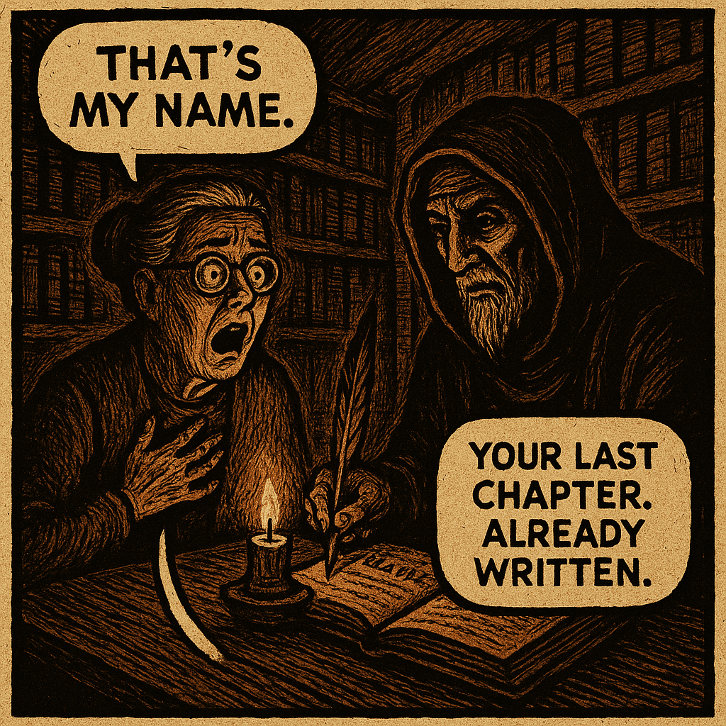 Margaret sat. The candle between them threw his face into amber relief — ancient, unhurried, watching her with the patience of something that had been waiting a very long time. He turned the open ledger to face her. Her name was at the top of the page. The final line was already written. 'How?' she whispered. The Writer set down the quill. 'Everyone asks that,' he said. 'No one asks what it says.'