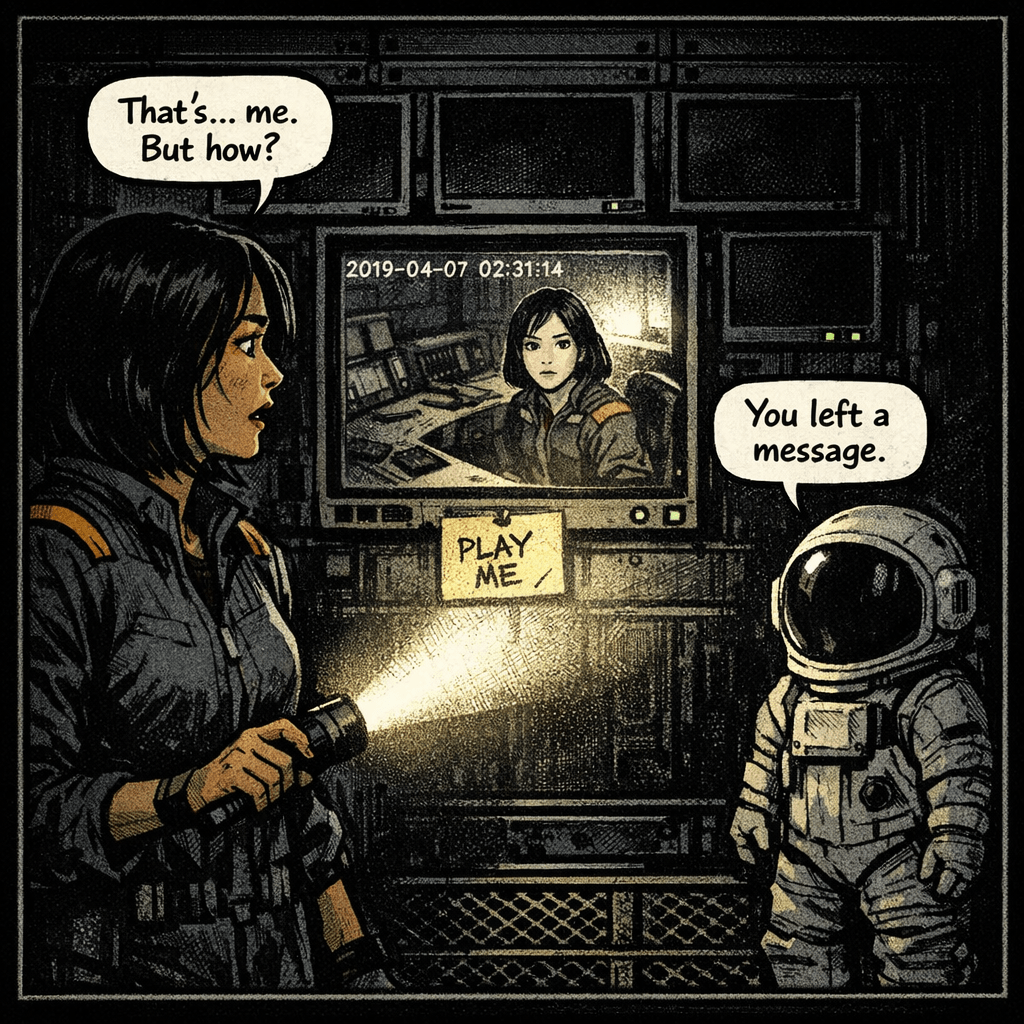 The security footage was from 2019. Seven years ago. The camera angle showed the Kepler-9 control room — this room, exactly as it was now — and at the desk sat a woman with Sarah's face, Sarah's hair, Sarah's uniform. The timestamp froze at 02:31:14. Then the woman on screen turned and looked directly into the camera. As if she had known, seven years ago, that someone would be standing here watching. Below the monitor, a note was pinned with a piece of tape. PLAY ME. Sarah's handwriting. The EVA figure hadn't moved.