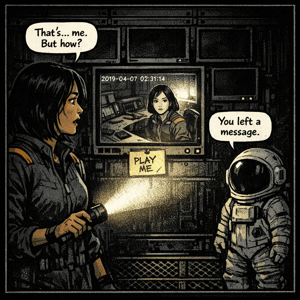 The security footage was from 2019. Seven years ago. The camera angle showed the Kepler-9 control room — this room, exactly as it was now — and at the desk sat a woman with Sarah's face, Sarah's hair, Sarah's uniform. The timestamp froze at 02:31:14. Then the woman on screen turned and looked directly into the camera. As if she had known, seven years ago, that someone would be standing here watching. Below the monitor, a note was pinned with a piece of tape. PLAY ME. Sarah's handwriting. The EVA figure hadn't moved.