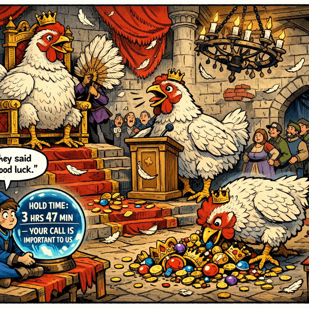 The senior wizard's two words, it turned out, had been 'good luck.' The hold music had been playing for three hours and forty-seven minutes. Meanwhile, the Royal Fowl-Up — as the jester had taken to calling it — had achieved a kind of terrible equilibrium. The first chicken king had claimed the throne and was accepting formal bows from the court chamberlain. The second had begun holding audiences at the royal podium. The third had developed a taste for crown jewels and showed no signs of stopping. The tour booth was doing excellent business. Thaddeus stared at the crystal ball and wondered if wizards could be tried for treason.
