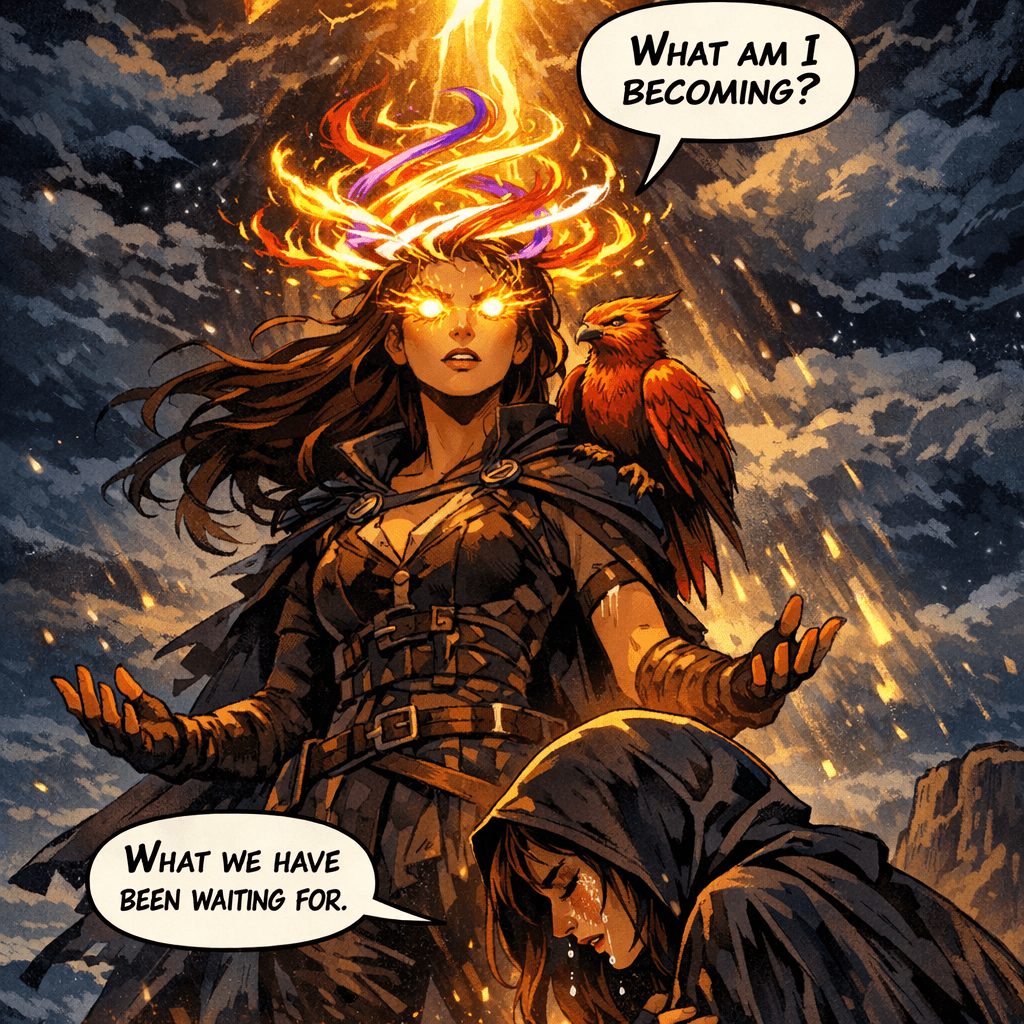 The warmth didn't stop. It grew — through her hands, her chest, her throat, behind her eyes — until Kira understood that it had always been there, dormant, waiting for something old enough to recognize it. Above her, the sky cracked open like an egg. The Shadow Court woman had stopped trembling and started weeping — not from fear but from relief, the way someone weeps when they have carried a secret for fourteen years and finally set it down. Emberheart folded its wings and went still on Kira's shoulder for the first time since they bonded. Its purpose, it seemed, had never been to protect her. It had been to find her. 'What am I becoming?' Kira asked. The fire answered before the woman could. It felt like a name she'd always known and never been told.