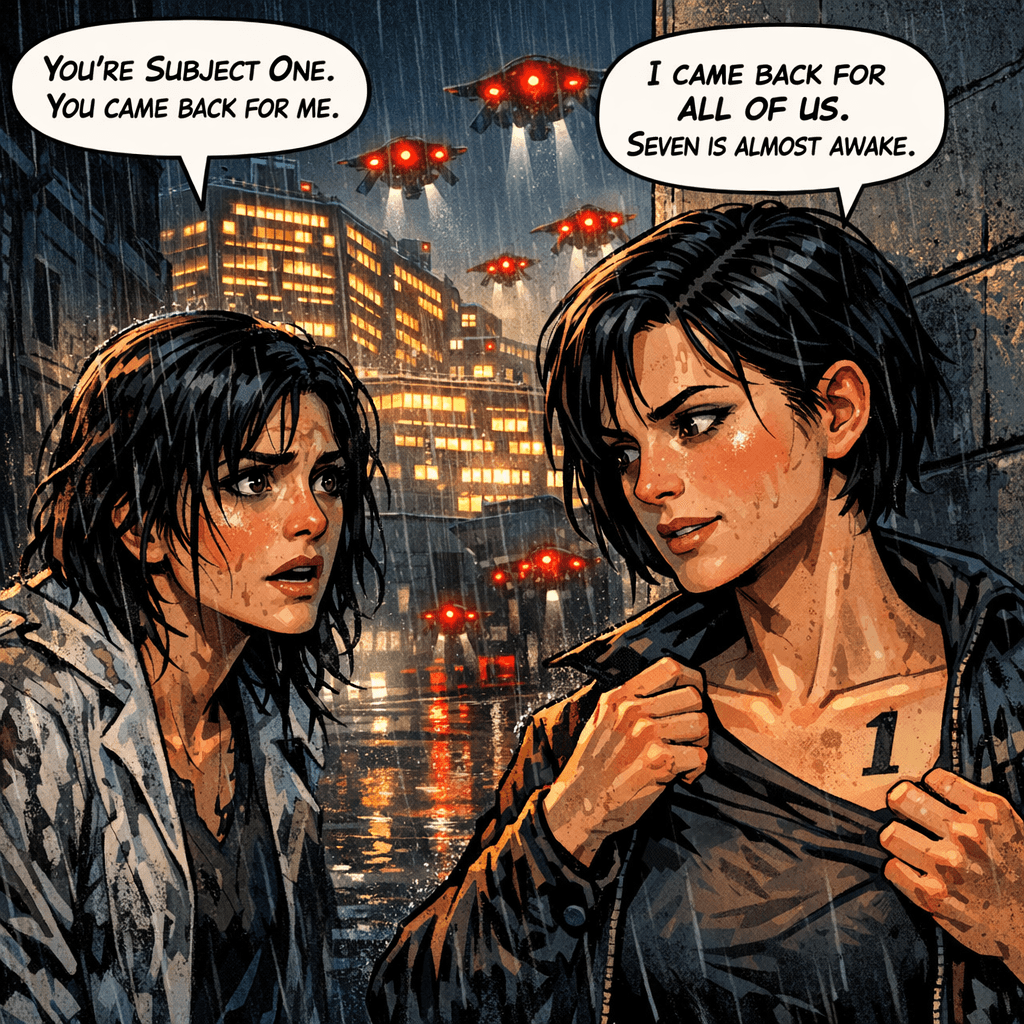 They made it three blocks before Mara pulled her into an alley and pressed her back against the wall. Security drones were already in the air — red lights sweeping the rooftops. Protocol Seven. Not pursuit. Containment. Elena looked at the woman beside her — same face, same hands, same DNA — and felt six months of questions collapse into one. Mara peeled back her collar without being asked. The tattoo on her collarbone was faded but legible: a single black numeral. One. 'You're Subject One,' Elena said. Not a question. Mara's jaw set the way Elena's did when she was keeping something difficult inside. 'I came back for all of us,' she said. 'But we're out of time. Seven is almost awake. And when she opens her eyes — they won't need any of us anymore.'