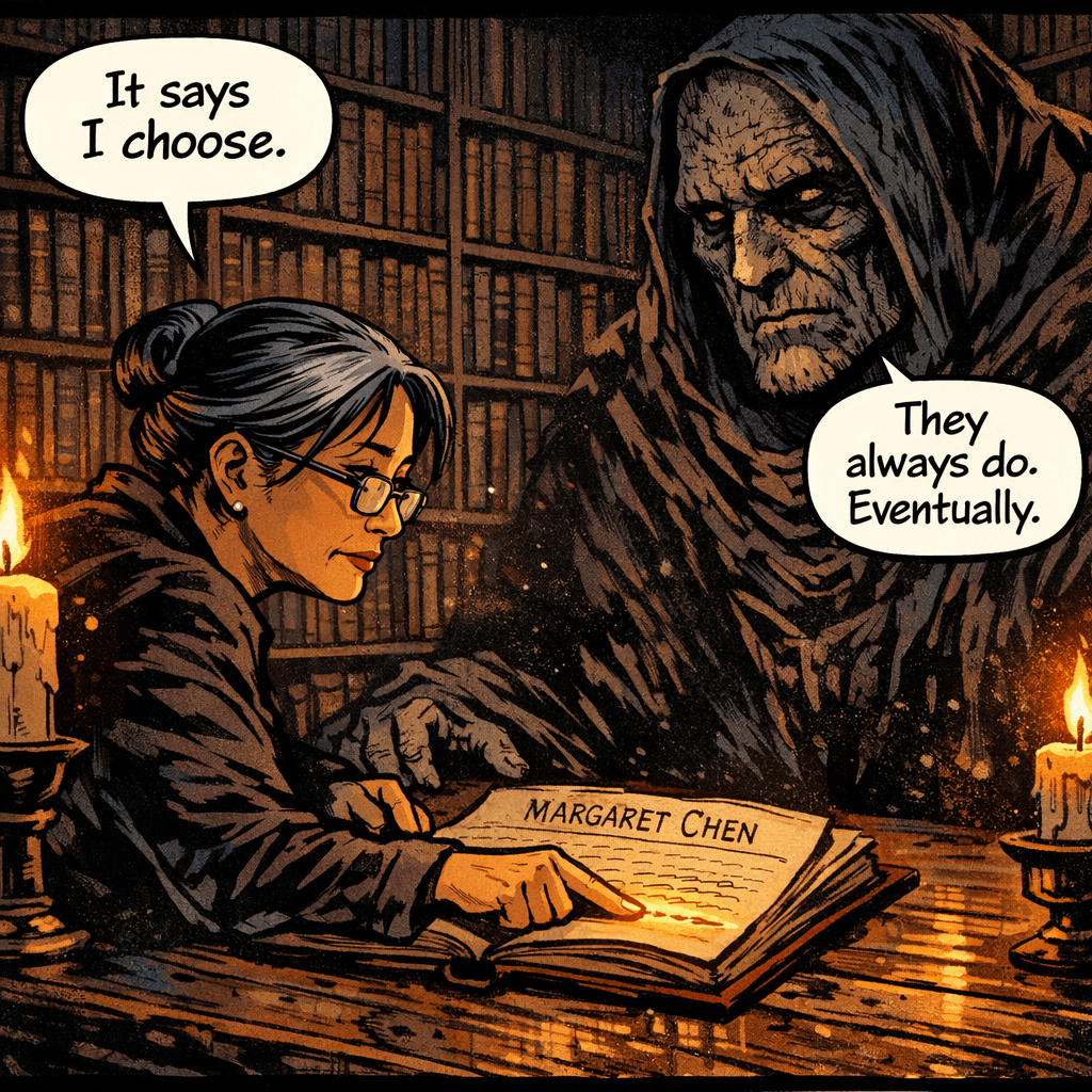 Margaret looked at the final line for a long time. The Writer did not rush her. He had not rushed anything in several centuries. The words were written in her own hand — not her current hand, older, steadier, the handwriting of someone who had lived a great deal and come to terms with most of it. She pressed her fingertip to the ink. Still faintly warm. She read it three times. Then she sat back, and something shifted in her chest — not relief, not exactly, but the feeling of setting down a weight she had not known she was carrying. 'It says I choose,' she said. The Writer tilted his ancient head. 'They always do,' he said quietly. 'Eventually.'