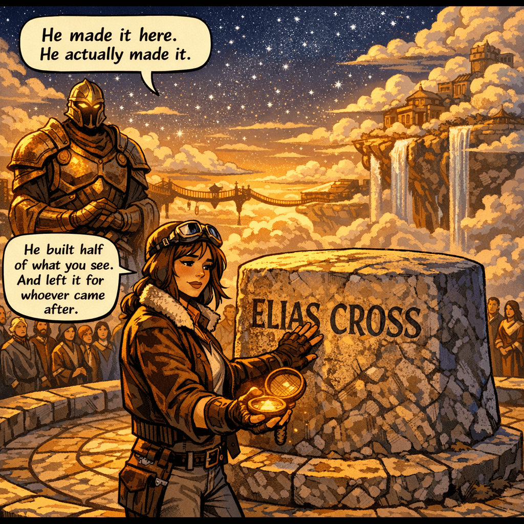 Adras led her to the highest platform, past market stalls and children who stopped to stare, past sky-gardens blooming with flowers that had never touched soil. At the center of the courtyard stood a stone plinth, ancient and worn, and carved into it in letters weathered by decades of wind: ELIAS CROSS. Amelia's compass went warm in her palm — not spinning, not pointing, just warm, the way something feels when it has finally arrived. She pressed her fingers into the carved grooves of her grandfather's name. 'He made it here,' she said. It wasn't a question. 'He built half of what you see,' Adras said quietly. 'And spent twenty years asking us to watch for whoever he would send after him.' He paused. 'We had almost stopped expecting her.'