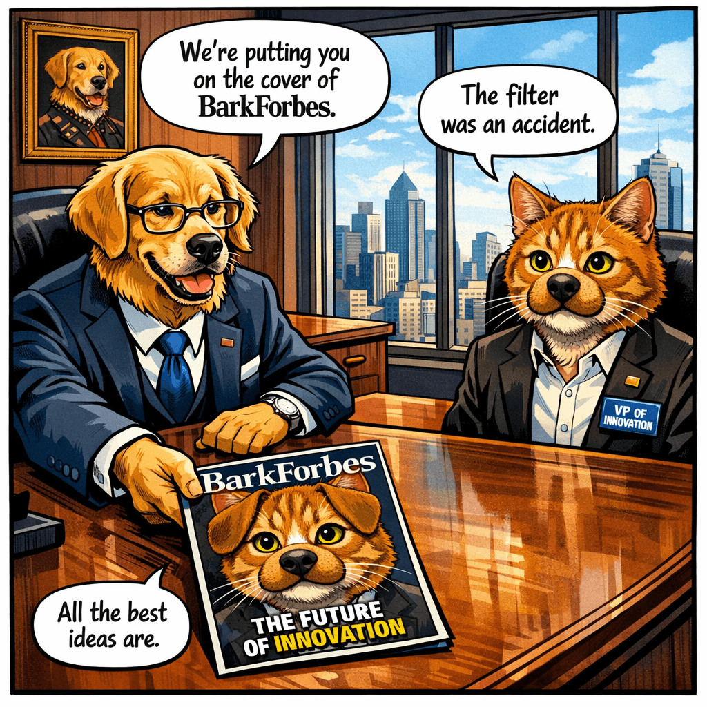 The CEO's assistant had called it a 'brief alignment session.' The CEO — a golden retriever in a suit that cost more than Chester's first apartment — slid a glossy mock-up across the desk without preamble. It was a magazine cover. BarkForbes. Chester's face on it. The filter face. The headline read: THE FUTURE OF INNOVATION. 'We're building the rebrand around you,' the CEO said, tapping the cover with one claw. 'Cross-species perspective. Disrupting the identity paradigm. It's very on-trend.' Chester looked at the magazine cover for a long time. 'The filter was an accident,' he said. The CEO's tail wagged once. 'All the best ideas are.'