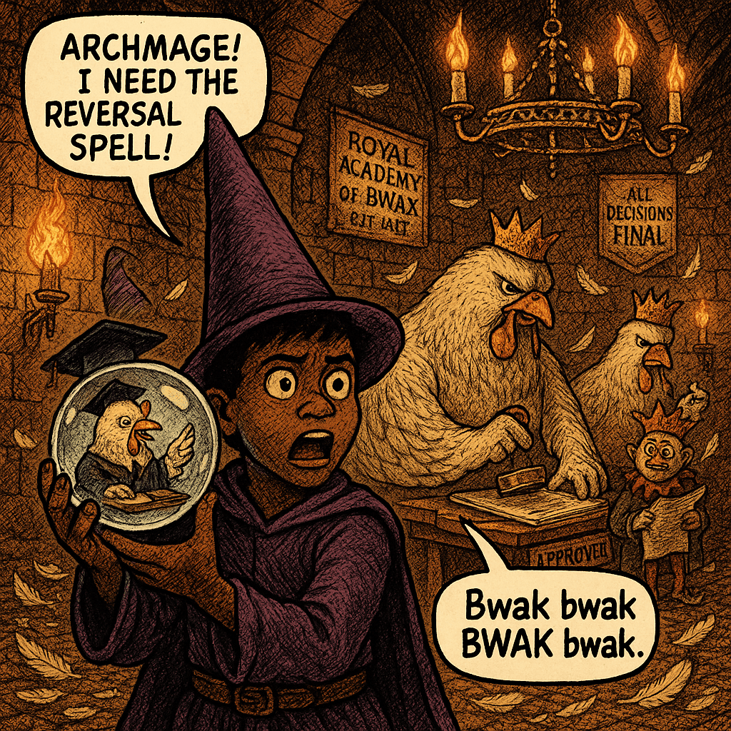 The Archmage connected at last — resplendent in a tiny academic mortarboard, tiny robes, and the quiet dignity of a chicken who had simply accepted what it had become. The reversal spell existed, the Archmage confirmed via interpretive clucking. Thaddeus would need one phoenix feather, one honest politician's signature, and a really good apology. He had none of these. Behind him, Chicken King the Third had begun officially stamping APPROVED on Thaddeus's academic certificates. The Royal Academy of Bwak would not be accepting appeals.