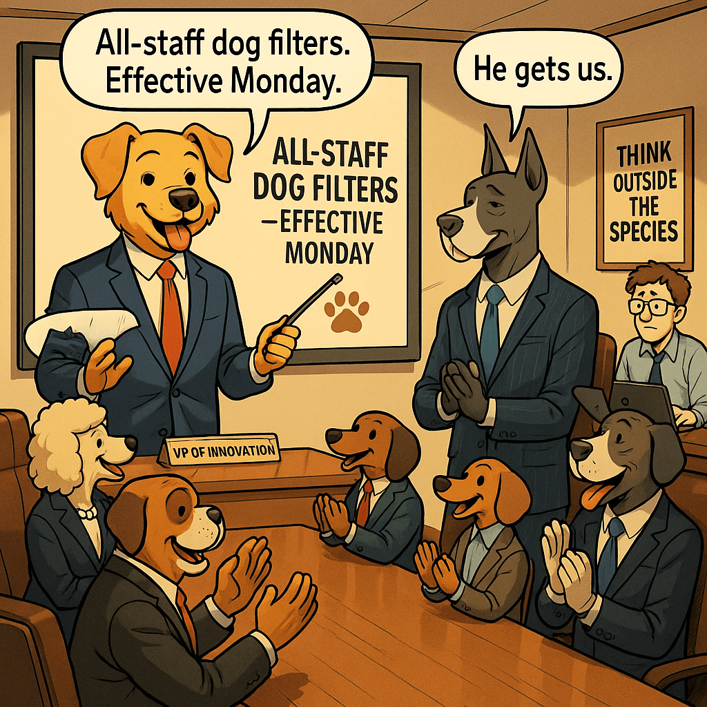Chester's first act as VP of Innovation was a board presentation titled 'Unified Identity Alignment Initiative.' His proposal: mandatory dog filters for all staff, effective Monday. He had metrics. He had a paw-print logo. He had a laser pointer. The board — seven dogs in business suits, led by the CEO, a Great Dane in a pinstripe who had been waiting his entire career for this moment — erupted into standing applause. In the back row, the IT manager opened a new browser tab. His search: 'can a dog filter count as a medical accommodation.'