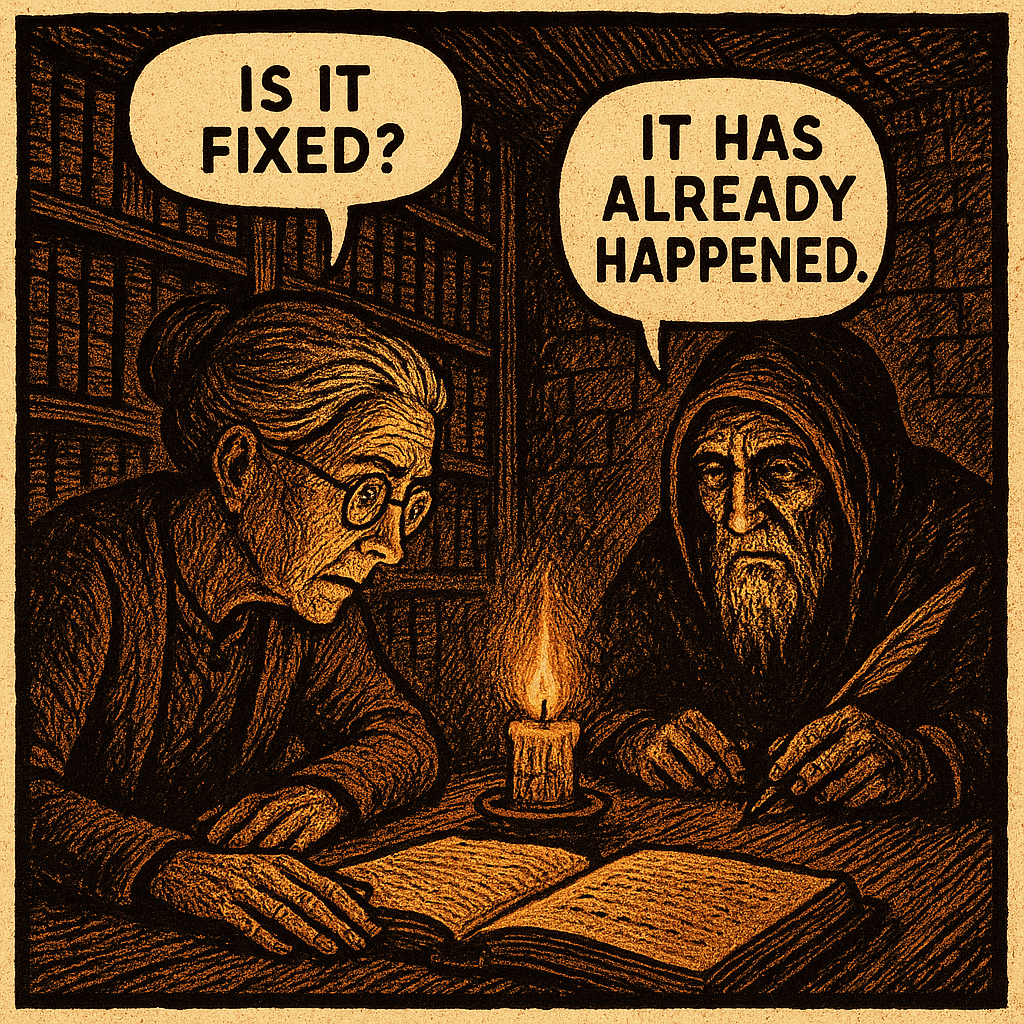 Margaret reached for the ledger before she could talk herself out of it. The Writer didn't stop her. The candle didn't waver. The final line was seven words. She read them once. Then again. Her hand didn't shake — which surprised her more than the words themselves. 'Is it fixed?' she asked. The Writer picked up his quill. 'Everything in the ledger has already happened,' he said. 'That is the nature of the ledger.' Margaret sat with seven words she now knew. She understood what she was going to do. She just didn't know yet if she was brave enough to do it.
