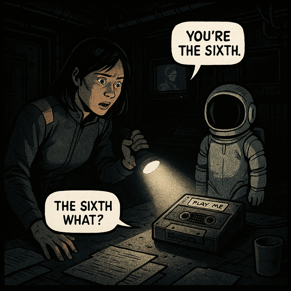 Sarah pressed play. The tape hissed. Then her own voice came through the speaker — calm and deliberate in a way she had never been calm about anything. 'If you're hearing this, you found it. That means you're the sixth.' She looked at the figure. The figure had been here for all of them — stood exactly like this, in exactly this spot, while five other versions of her heard this same tape for the first time. 'The sixth what?' The figure tilted its helmet. 'The sixth you,' it said. 'The others left messages too. That's how you found the room.'