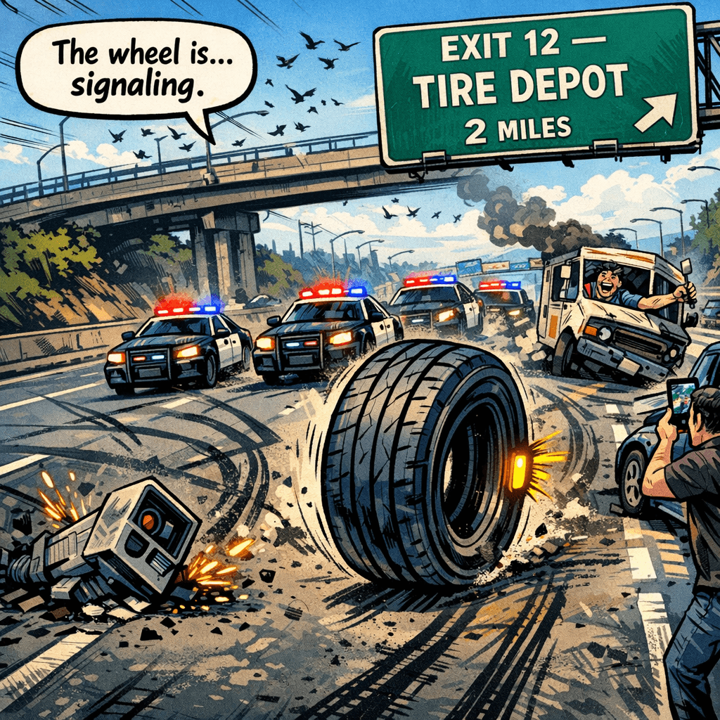 The wheel had no intention of stopping. It had knocked over a speed camera, outpaced three squad cars, and was now — impossibly — signaling. Right blinker. Two miles to Exit 12: Tire Depot. The food truck driver, Renaldo, had been chasing it for eleven minutes with a spatula and increasingly poor judgment. The police dispatcher's voice crackled: 'Sir, is the wheel... indicating a lane change?' Renaldo gripped the wheel — the one still attached — and said nothing. He had a terrible feeling the tire knew exactly where it was going.