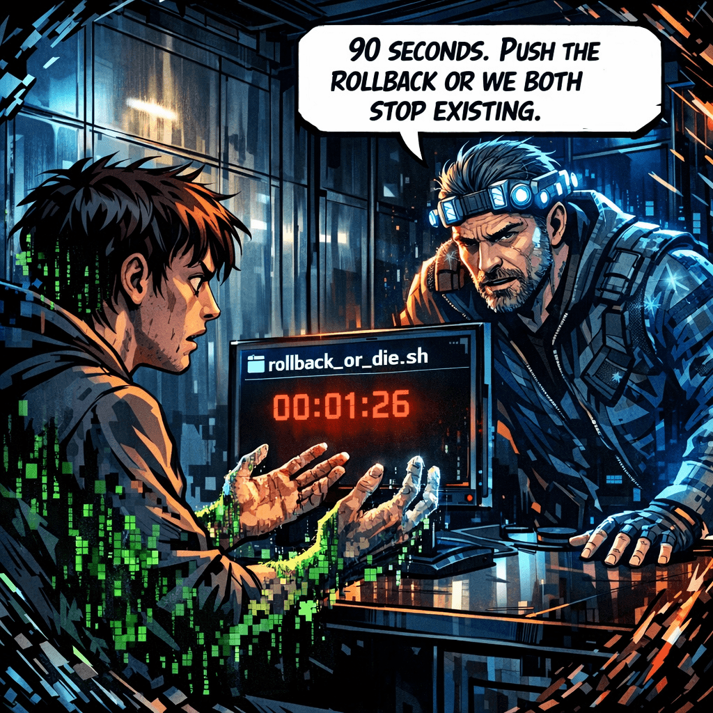 My hands were dissolving. Not metaphorically — literally. I could see the office floor through my knuckles, the code that made me flickering in and out of coherence. Then the hologram solidified across the desk. Me. Older. Neural ports glowing blue at the temples, the look of someone who had already watched this moment fail three times. 'Don't read the patch notes,' my future self said. 'There's no time. You have ninety seconds to push the rollback commit or neither version of us will have enough bits left to matter.' On my terminal, a file blinked into existence: rollback_or_die.sh. Timestamped three seconds ago. I hadn't created it. But I recognized the coding style.