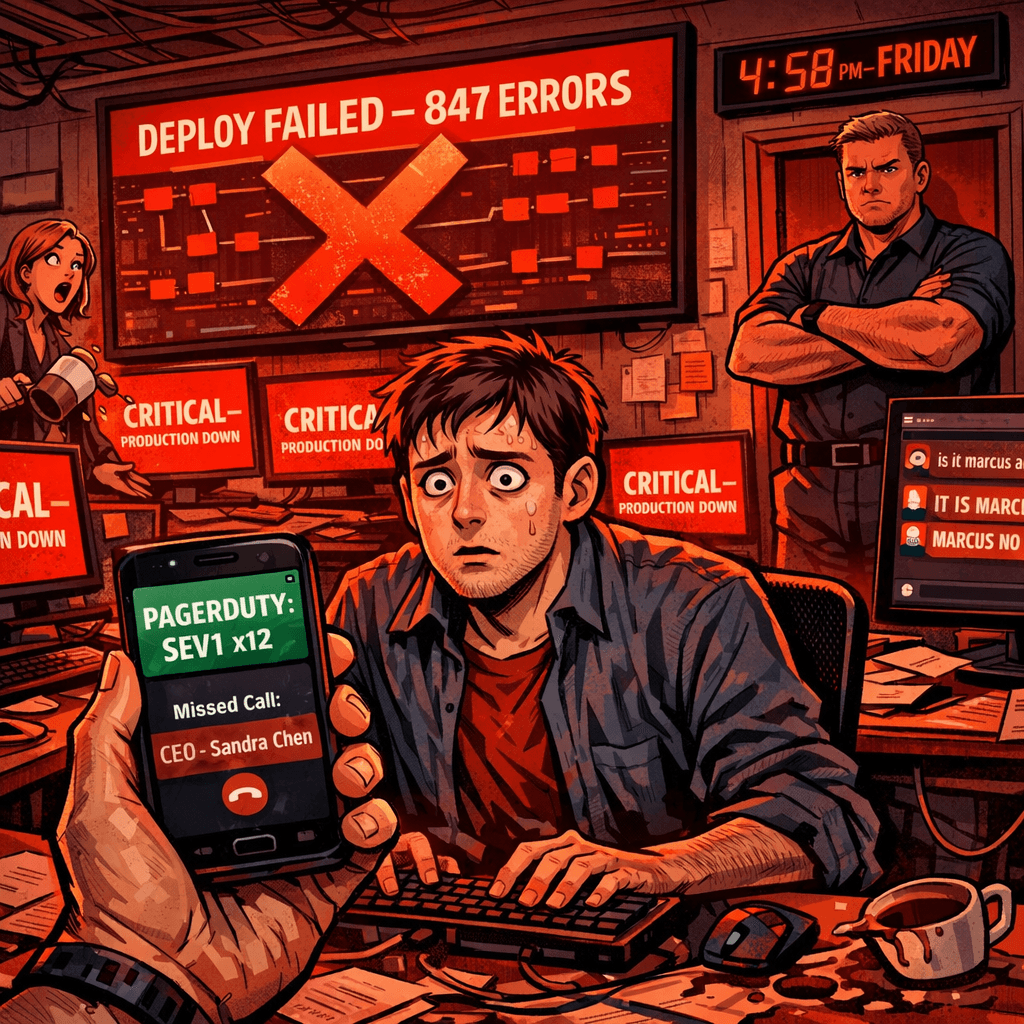 The pipeline finished in eleven seconds. That was the first bad sign — it was never that fast. Then every monitor in the office turned red at once. Not one. All of them. Marcus's phone screen lit up: twelve PagerDuty alerts and a missed call from Sandra Chen, the CEO, who was supposed to be at her daughter's violin recital. The #incidents Slack channel, silent all sprint, erupted in under four seconds. The first message read: 'is it marcus again.' The second message read: 'IT IS MARCUS.' The third was just a gif of a building on fire. Marcus reached slowly for his laptop bag. Derek stepped in front of the door. The clock on the wall read 4:58 PM. It was going to be a long weekend.