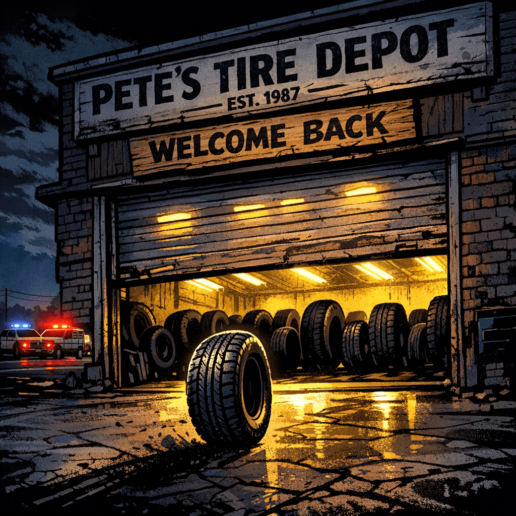 Exit 12 deposited Renaldo onto a two-lane road he had never seen on any map. Pete's Tire Depot sat at the end of it — dark, shuttered, the sign sun-bleached to near illegibility, closed since 1994 according to the padlock rust. Or so it appeared. Because as the wheel rolled up the cracked asphalt approach, the fluorescent lights inside began flickering on, one by one, buzzing like something waking from a very long sleep. The garage door groaned upward. And in the gap of yellow light that spilled out, Renaldo could see them: dozens of tires. All sizes. All perfectly still. All waiting. Above the door, a hand-painted sign read: WELCOME BACK. Renaldo stopped the truck. He turned to the three squad cars that had pulled up beside him. Nobody said anything for a long moment. Then the police dispatcher crackled: 'Sir... has this happened before?'