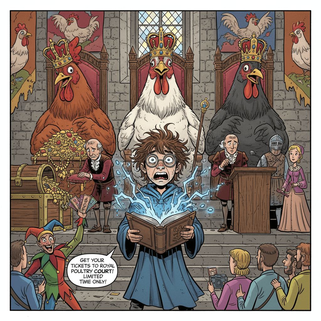 Thaddeus finally had a breakthrough — or so he thought. The spellbook's 'Emergency Chicken Reversal' page had been bookmarked by some previous wizard with a note that read 'DO NOT USE ON GIANTS.' But desperate times called for desperate measures. As Thaddeus began the incantation, the three chicken kings turned in unison, their beady eyes narrowing. The jester paused mid-transaction. The chamberlain dropped his bow. And somewhere in the castle, a very small, very confused cat wandered in, drawn by the magical energy. No one noticed the cat. Everyone should have noticed the cat.