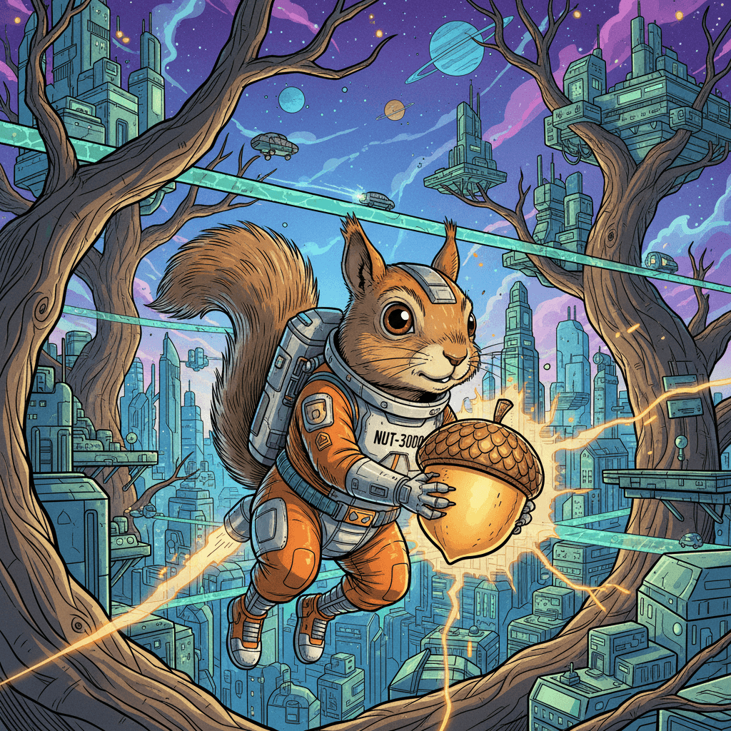 NUT-3000 floats weightlessly in the cyber-treetop city of Neo-Arboria, his mechanical eye whirring with calculations while his organic eye widens at the sight of a glowing acorn artifact. The ancient relic pulses with unknown energy, floating just beyond his reach. Little does he know, this is no ordinary snack—it's the key to the Arborous System's greatest conspiracy! His jetpack sputters nervously as he contemplates whether to chase the mystery or retreat to his home nest. But adventure calls, and a cybernetic squirrel's gotta do what a cybernetic squirrel's gotta do. The treetops stretch endlessly into the neon sky, connected by luminescent bridges where hover-squirrels dart between platforms. Somewhere in this vast vertical metropolis, answers await, and maybe—just maybe—a really big acorn prize.