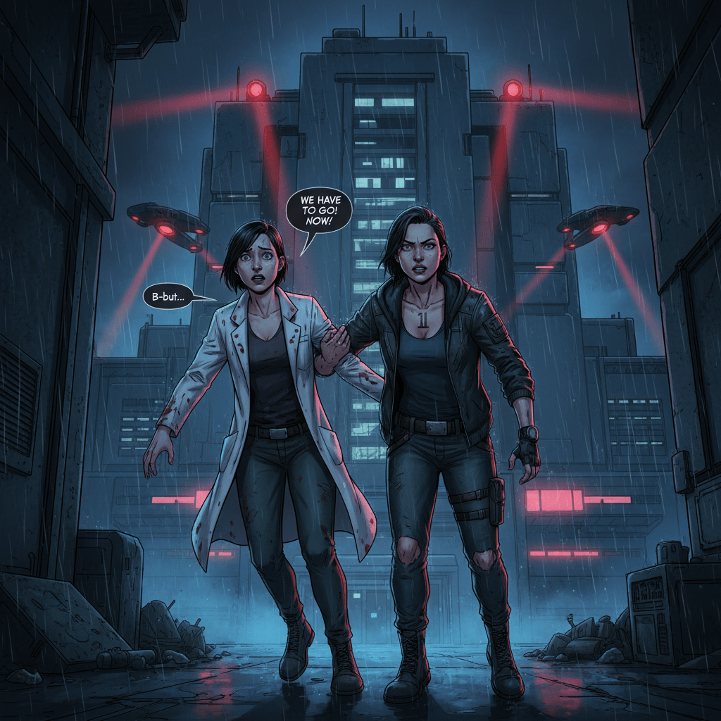 They huddle in the alley as the drones circle overhead. Mara pulls out a small device—an EMP emitter she salvaged from a black market dealer. 'This buys us thirty seconds,' she whispers. Elena stares at her own face, realizing this woman has been fighting for five years while she was just waking up in a lab. Before she can ask how many others are out there, the building behind them erupts in red emergency lights. Subject Seven is waking up. And somewhere in that facility, the original Elena Vance—the one they were all copied from—is about to open her eyes.