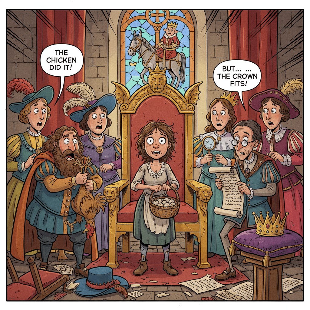 The High Chancellor finally finds the relevant parchment buried under three centuries of outdated tax laws. Turns out the 'Royal Succession Act of 847' has a very specific clause: if no heir exists, the crown passes to 'whomever the palace chickens choose by pecking at their feed first.' Everyone stares at Mildred, then at the chicken still clutched in the Chancellor's hands. The chicken, now officially named Duchess Cluckington by ancient decree, looks remarkably unimpressed with her newfound power. Mildred has seventy-two hours to learn court etiquette before her coronation—or abdicate and let the chicken rule.