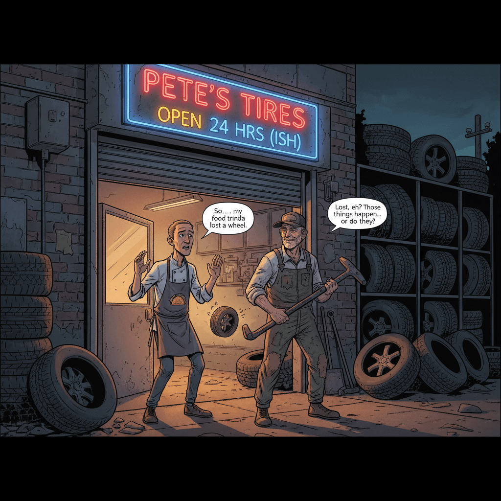 Pete's been running this depot for forty years and he's seen every kind of wheel problem—flat, bald, cracked, even one that developed an unhealthy attachment to a 1978 Datsun. But a wheel with ambition? That's new. He pulls out an ancient tire iron, the kind they don't make anymore, and hands it to Renaldo. 'If that wheel's really gone sentient, there's only one thing that'll stop it,' he says, pointing toward the horizon where tire tracks disappear into the dark. 'You gotta remind it what it's FOR. A wheel without purpose is just a circle with an attitude problem.'