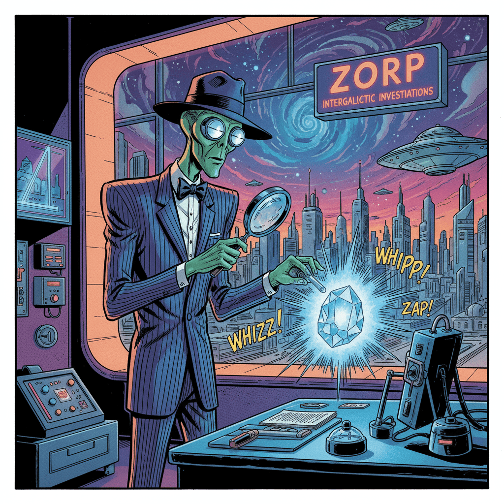 In the neon-soaked detective agency of Andromeda-7, Inspector Zorp the three-eyed alien detective examines a glowing crystalline artifact that holds the key to a galaxy-spanning conspiracy. The crystal pulses with impossible alien energy, casting dancing shadows across the retro-futuristic office filled with strange artifacts from a thousand worlds. Zorp adjusts his vintage fedora - a relic from Old Earth - and leans closer, his ocular sensors detecting encrypted data streams within the crystalline matrix. This is no ordinary case. The artifact was found at a crime scene where a famous intergalactic diplomat vanished without a trace. As the crystal hums louder, Zorp realizes he is not alone. Somewhere in the shadows of the space station, someone - or something - is watching his every move. The case of a lifetime awaits, and the truth may be more dangerous than anyone imagined.