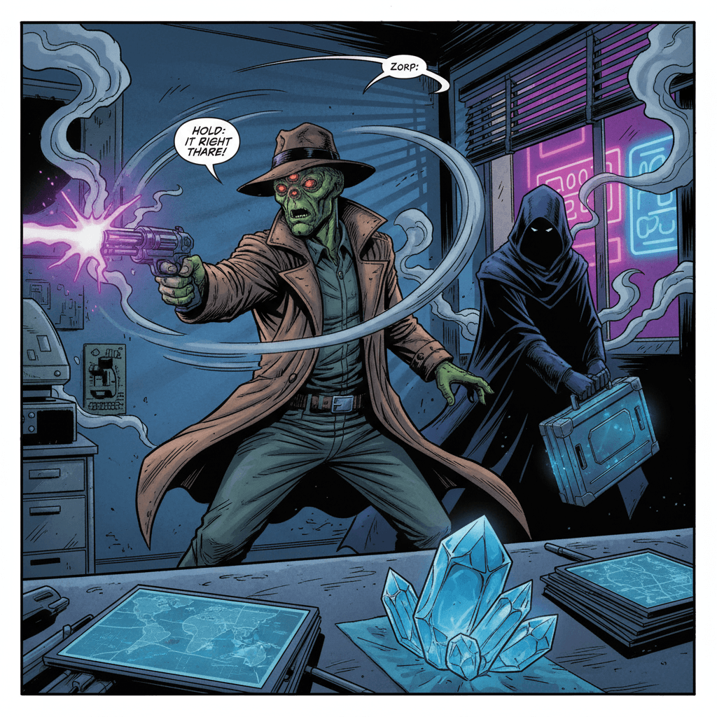 Zorp's blaster hums with plasma energy as he faces the cloaked intruder. The figure's robes ripple revealing silver-tipped tentacles—the mark of the Void Syndicate. 'Inspector,' the voice hisses through a translator, 'you shouldn't have activated that crystal.' Zorp smirks, his third eye glowing brighter. 'Funny. The missing diplomat said the same thing before disappearing.' The crystal suddenly erupts in blinding light, and both figures are thrown into a swirling vortex—sucked into the artifact's holographic memories.
