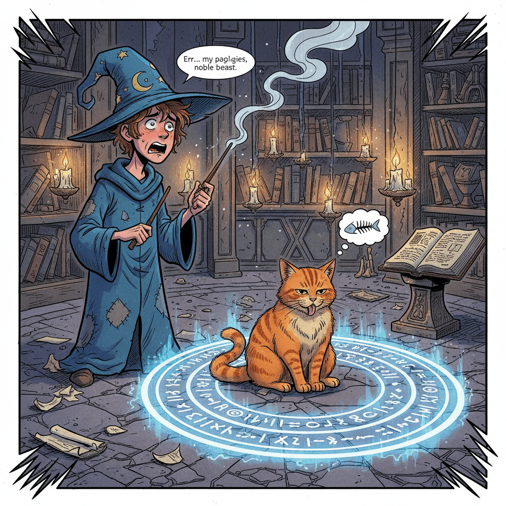 Milo the Apprentice has been practicing the Summoning Circle spell for weeks. Today was supposed to be the day he proved his worth to the Academy. But something went... wrong. Instead of a mighty familiar or ancient spirit, he's accidentally summoned Mr. Whiskers—the neighbor's cat. The feline sits primly in the glowing runes, utterly unimpressed, while magical energy crackles around them. Milo stands frozen, wand still smoking, wondering if he can pass this off as 'experimental familiar bonding' or if he's about to be the laughingstock of the entire Magical Arts department.