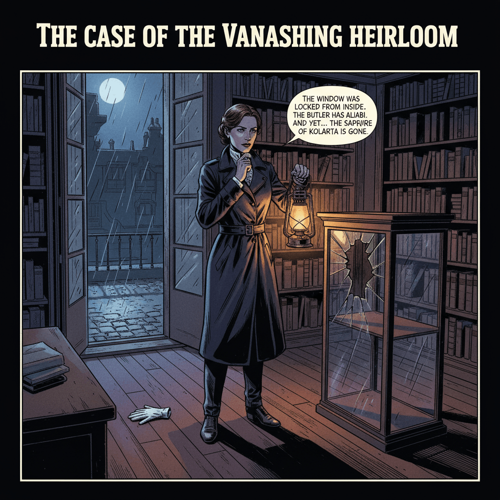 Midnight at Blackwood Manor. Detective Clara Vance adjusts her spectacles, studying the empty velvet cushion where the Sapphire of Kolkata once rested. The display case stands open, its glass unbroken, the lock undisturbed. Outside, rain drums against the cobblestones, but the study window was locked from the inside—she checked it herself. A single white glove lies discarded near the fireplace, far too small for the manor's hulking butler, who was serving tea to the dowager countess in the conservatory at the time of the theft. The sapphire's security system, calibrated to detect even a breath, remained silent. Clara's fingers brush the velvet, finding a single strand of silver thread that catches the lantern light. Someone clever did this. Someone patient. Someone who knew the manor's secrets—and didn't need windows to escape. The game, she realizes with a tight smile, has only just begun.