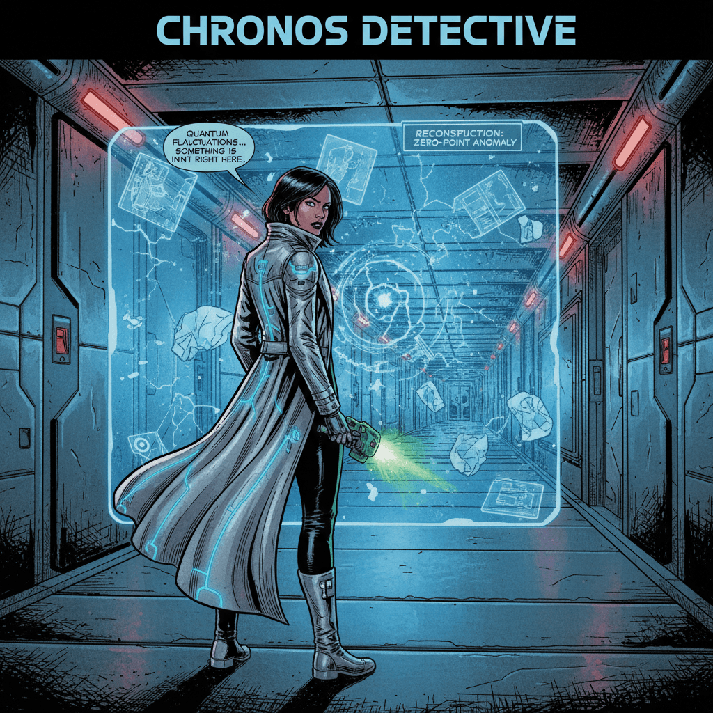 The quantum scanner pulsed with an eerie blue light as Detective Nova Chen swept it across the corridor. She had seen her share of impossible crimes across seven sectors, but this one felt different. The victim was found in a sealed laboratory with no entry or exit points. Quantum residue readings spiked off the charts. As the station AI hummed overhead, Nova realized she was hunting something that should not exist.