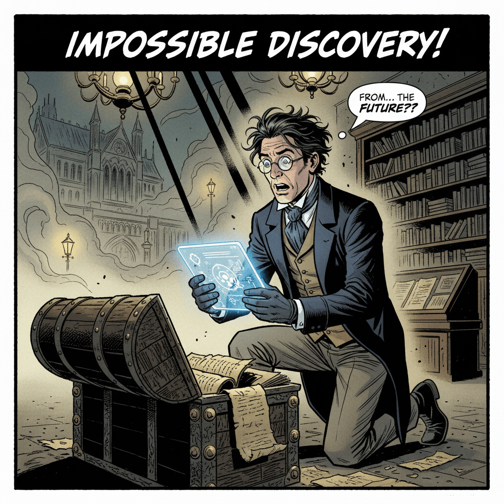 Archivist Eliza Thornwood has spent twenty years cataloging the Blackwell Collection at the Museum of Antiquities, a place where dust settles with the patience of centuries. On this stormy midnight shift, while examining a medieval merchant chest that has remained sealed since 1883, she discovers something impossible—a digital tablet displaying timestamps from the year 2147, pulsing with an eerie blue light beneath the gaslit chandeliers. The device activates as her trembling fingers brush its surface, revealing encrypted coordinates to other temporal deposits hidden across the globe. Eliza realizes she has stumbled into a mystery spanning centuries, a conspiracy written not in ink but in time itself. The past isn't just being remembered—it is being planted. Someone from the future has been leaving breadcrumbs in history, and Eliza must follow the trail before the clockwork gears of fate turn irreversibly. But the shadows in the museum seem to shift with purpose, and she is no longer certain if she is the hunter or the hunted in this temporal game of cat and mouse.